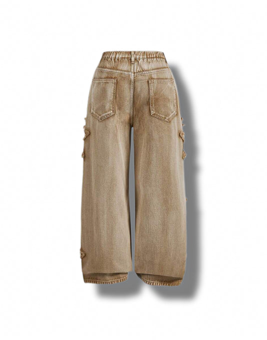 Deparkour - Girls Beig High Waste Baggy Jean